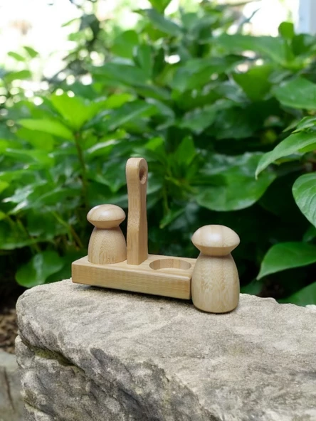 Şık Bambu Tuzluk Biberlik Seti Standlı - 3