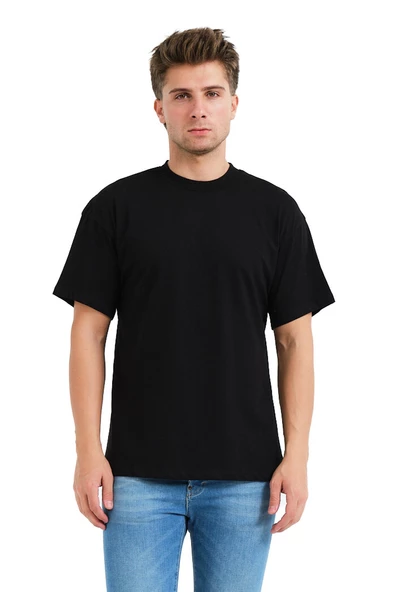 JUSTEVER 100% Pamuk Oversize Fit Bisiklet Yaka Siyah Erkek T-Shirt - Alpha