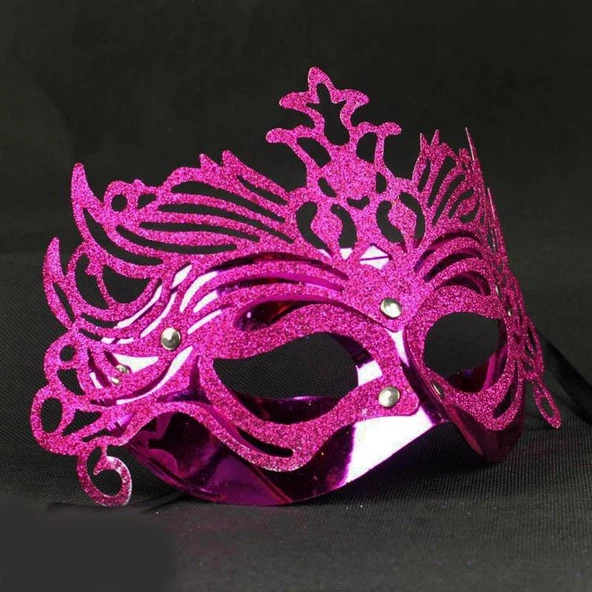 Metalik Fuşya Pembe Renk Masquerade Kelebek Simli Parti Maskesi 23x14 cm