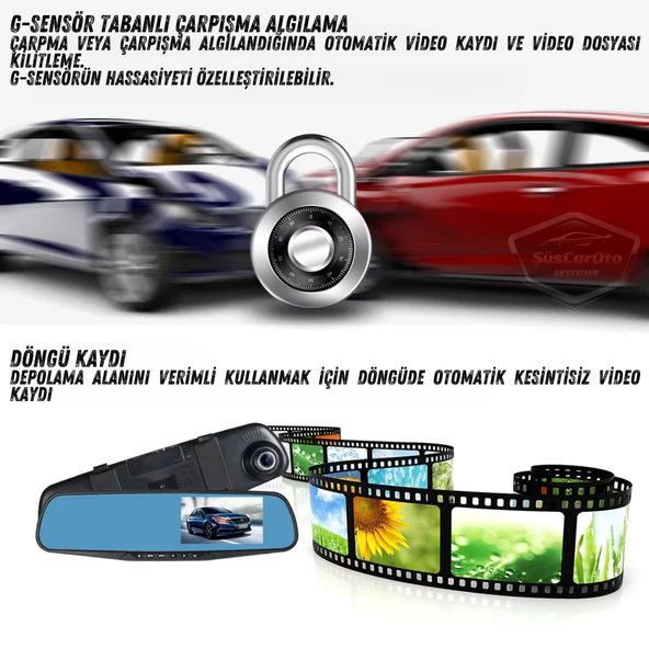 Ön ve Arka Kameralı Dikiz Aynası Geri Görüş Kameralı 4.3" 1080P Full HD Kayıt Çarpışma Algılayıcı Sensörlü Gece Görüşlü Park Sensörü Sesli Yol Kayıt - 3