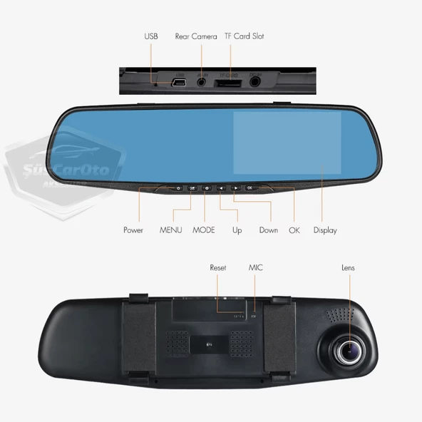 Ön ve Arka Kameralı Dikiz Aynası Geri Görüş Kameralı 4.3" 1080P Full HD Kayıt Çarpışma Algılayıcı Sensörlü Gece Görüşlü Park Sensörü Sesli Yol Kayıt - 6
