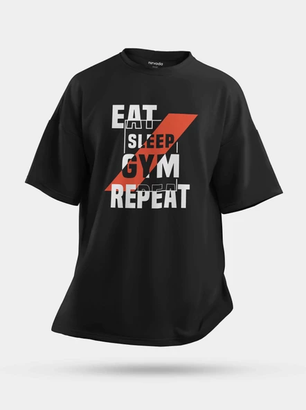 Oversize Eat Sleep GYM Fitness Unisex Baskılı Tişört