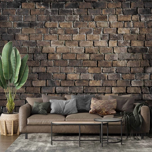 3 Boyutlu Koyu Kahverengi Tuğla Duvar Temalı Duvar Kağıdı ürün görseli