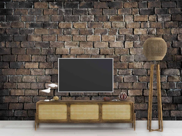 3 Boyutlu Koyu Kahverengi Tuğla Duvar Temalı Duvar Kağıdı - Resim 3