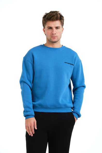 JUSTEVER Bisiklet Yaka Nakışlı Şardonlu İçi Polarlı Mavi Erkek Sweatshirt - Volar