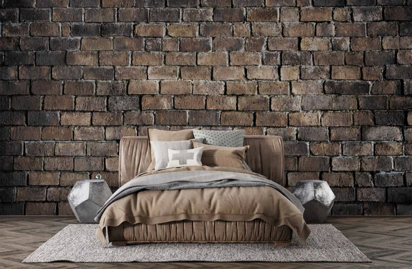 3 Boyutlu Koyu Kahverengi Tuğla Duvar Temalı Duvar Kağıdı - Resim 2