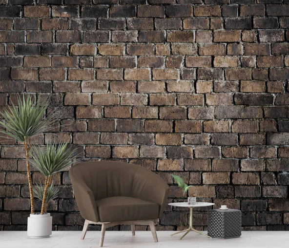 3 Boyutlu Koyu Kahverengi Tuğla Duvar Temalı Duvar Kağıdı - Resim 6