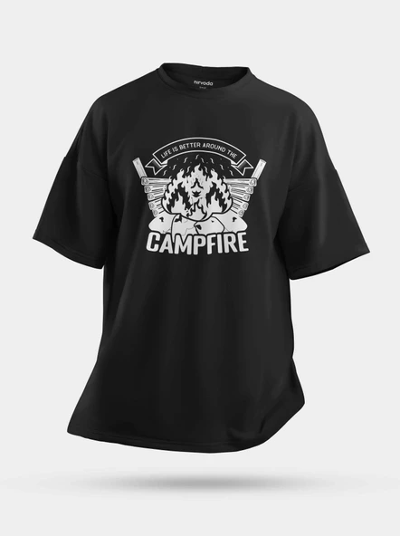 Oversize Kamp Ateşi Life is Better Unisex Baskılı Tişört
