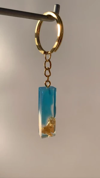 Deniz Mavisi Renk Gold Taşlı Gold Aksesuarlı I Harfi Şekil Epoksi Anahtarlık El Yapımı Hediyelik - Resim 2