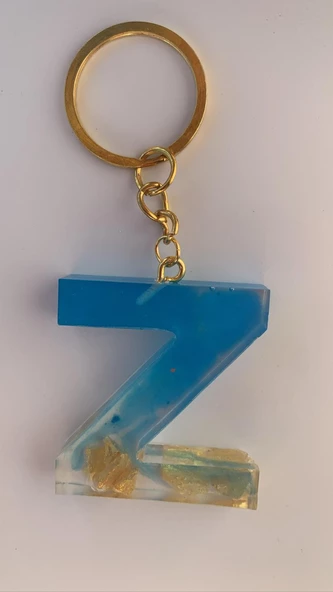 Deniz Mavisi Renk Gold Taşlı Gold Aksesuarlı Z Harfi Şekil Epoksi Anahtarlık El Yapımı Hediyelik