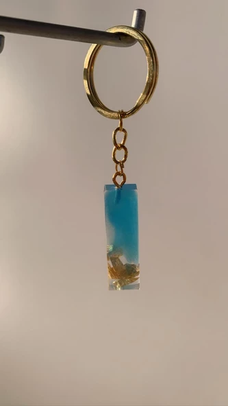 Deniz Mavisi Renk Gold Taşlı Gold Aksesuarlı I Harfi Şekil Epoksi Anahtarlık El Yapımı Hediyelik - Resim 3