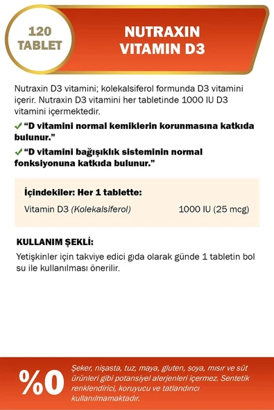 Nutraxin Vitamin D3 1000 IU 120 Tablet - Resim 2