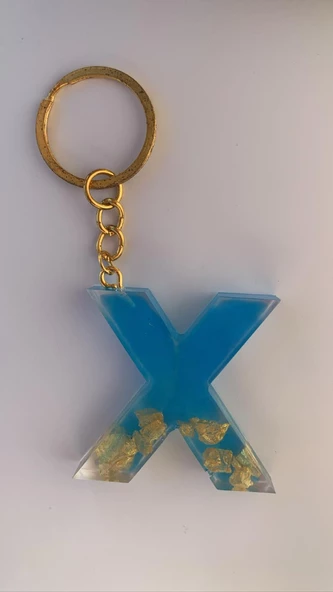 Deniz Mavisi Renk Gold Taşlı Gold Aksesuarlı X Harfi Şekil Epoksi Anahtarlık El Yapımı Hediyelik