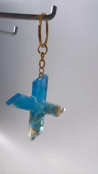 Deniz Mavisi Renk Gold Taşlı Gold Aksesuarlı X Harfi Şekil Epoksi Anahtarlık El Yapımı Hediyelik - 2
