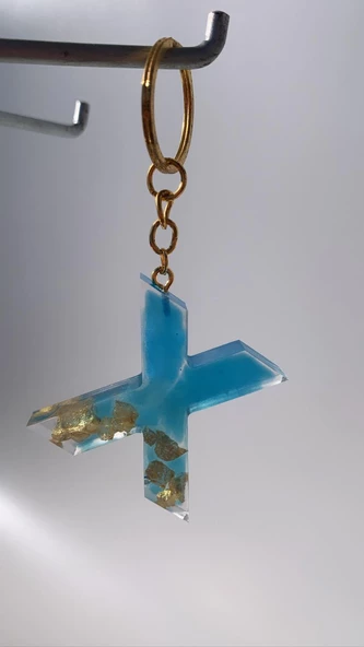 Deniz Mavisi Renk Gold Taşlı Gold Aksesuarlı X Harfi Şekil Epoksi Anahtarlık El Yapımı Hediyelik - 6