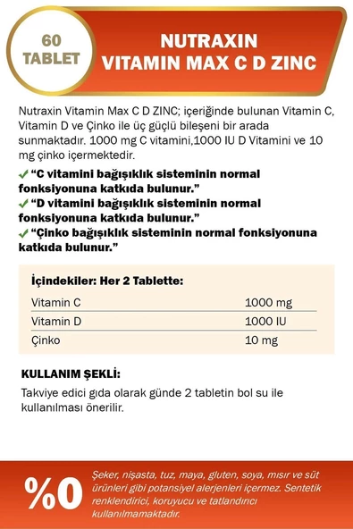 Nutraxin Vitamin Max C + D Zinc 60 Tablet - 2