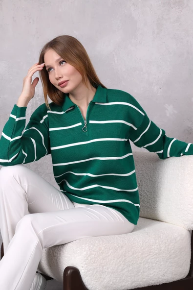 Kadın Polo Yaka Oversize Çizgili Fermuarlı Triko Kazak Yeşil - Resim 7