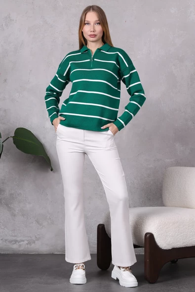 Kadın Polo Yaka Oversize Çizgili Fermuarlı Triko Kazak Yeşil - Resim 9