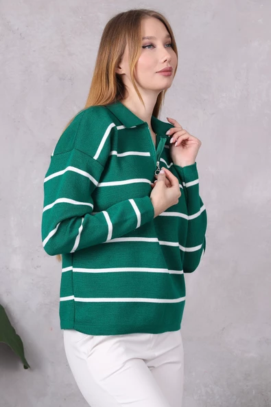 Kadın Polo Yaka Oversize Çizgili Fermuarlı Triko Kazak Yeşil - Resim 3