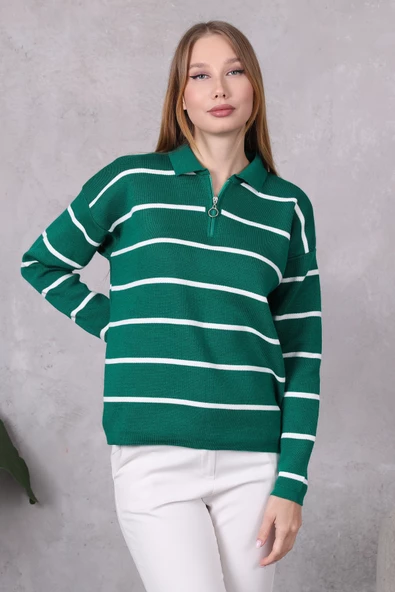 Kadın Polo Yaka Oversize Çizgili Fermuarlı Triko Kazak Yeşil - Resim 4