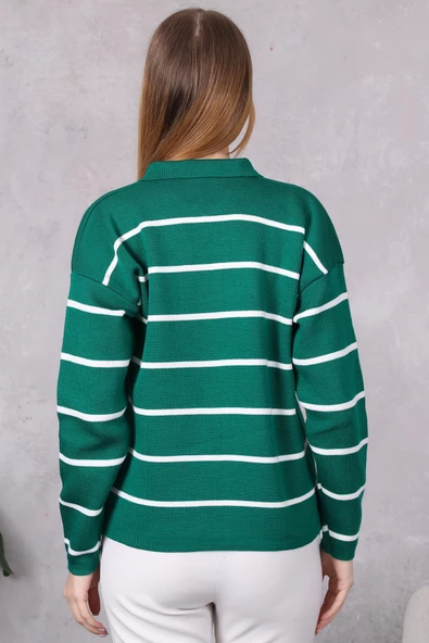 Kadın Polo Yaka Oversize Çizgili Fermuarlı Triko Kazak Yeşil - Resim 5