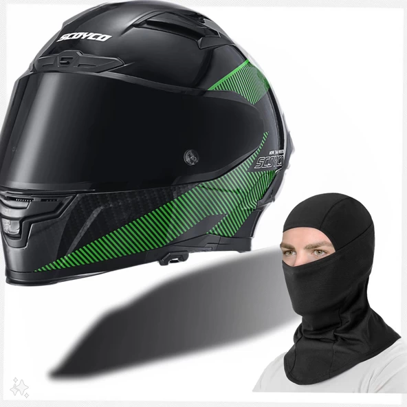 SCOYCO FF-871 GHOST SİYAH-YEŞİL GÜNEŞ VİZÖRLÜ KAPALI KASK (BALAKLAVA HEDİYELİ)