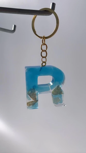 Deniz Mavisi Renk Gold Taşlı Gold Aksesuarlı R Harfi Şekil Epoksi Anahtarlık El Yapımı Hediyelik - Resim 2