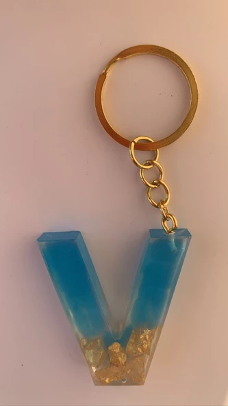Deniz Mavisi Renk Gold Taşlı Gold Aksesuarlı V Harfi Şekil Epoksi Anahtarlık El Yapımı Hediyelik - 2