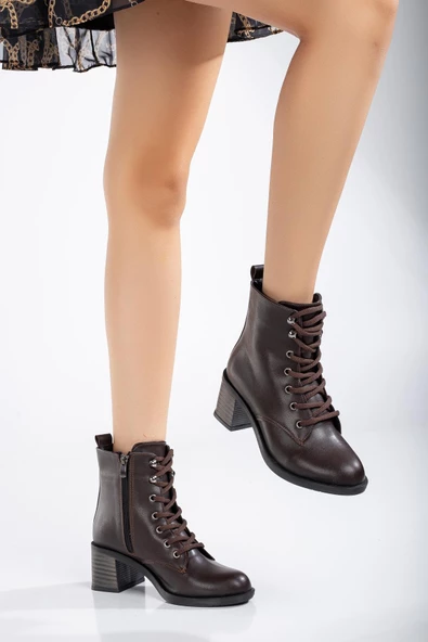 Kadın Topuklu Bot Kahve Bağlı Suni Deri - Resim 2