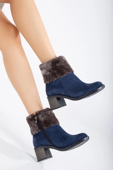 Kadın Topuklu Bot Lacivert Süet Kürklü Fermuarlı Oval Burun - Resim 2