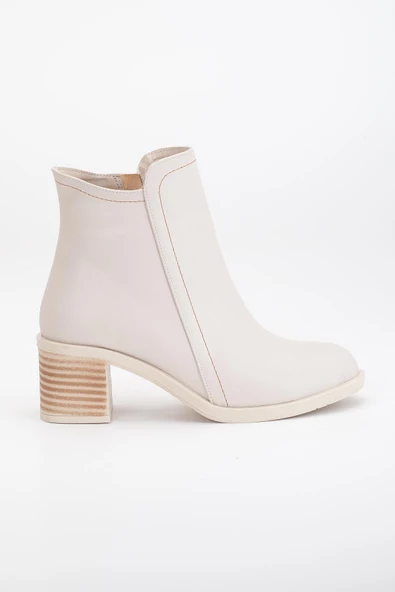 Kadın Topuklu Bot Bej Yüzüdüz Oval Burun Yan Parçalı - Resim 3