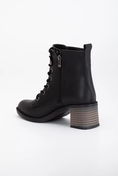 Kadın Topuklu Bot Siyah Bağlı Suni Deri - Resim 5