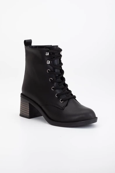 Kadın Topuklu Bot Siyah Bağlı Suni Deri - Resim 4