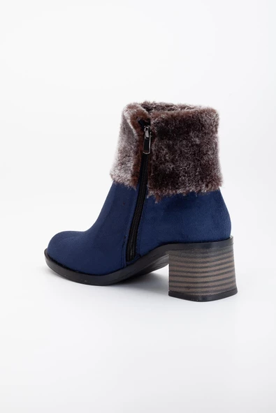 Kadın Topuklu Bot Lacivert Süet Kürklü Fermuarlı Oval Burun - Resim 5