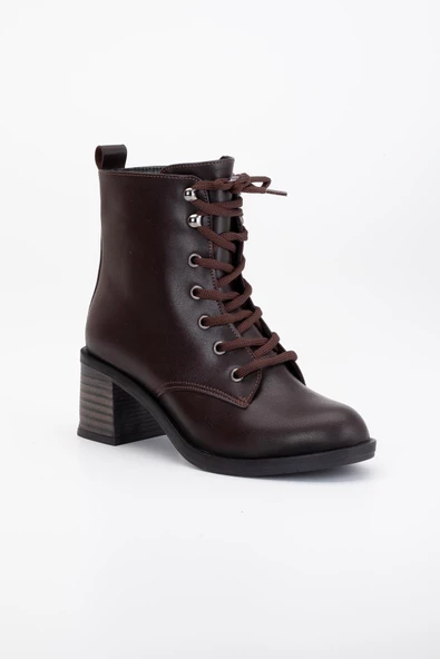 Kadın Topuklu Bot Kahve Bağlı Suni Deri - Resim 4