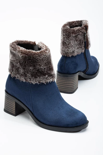 Kadın Topuklu Bot Lacivert Süet Kürklü Fermuarlı Oval Burun ürün görseli