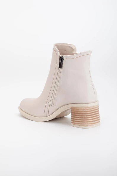 Kadın Topuklu Bot Bej Yüzüdüz Oval Burun Yan Parçalı - Resim 5