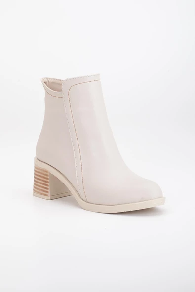 Kadın Topuklu Bot Bej Yüzüdüz Oval Burun Yan Parçalı - Resim 4