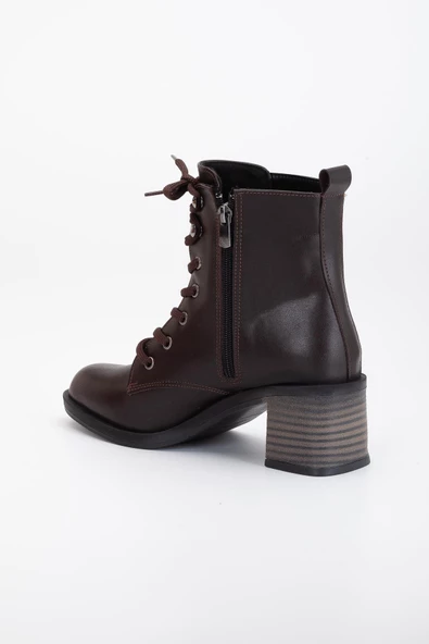 Kadın Topuklu Bot Kahve Bağlı Suni Deri - Resim 5