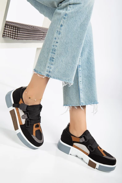 Kadın Spor Ayakkabı Siyah Streç Süet Çok Renkli Kalın Taban - Resim 2