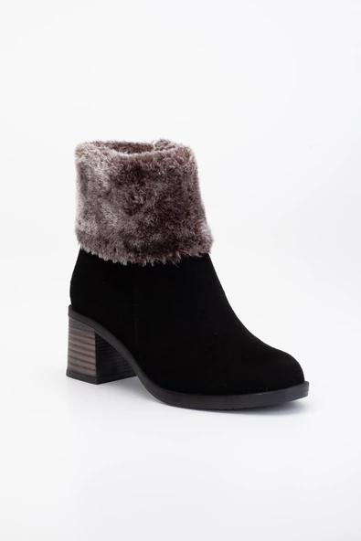 Kadın Topuklu Bot Siyah Süet Kürklü Fermuarlı Oval Burun - Resim 4
