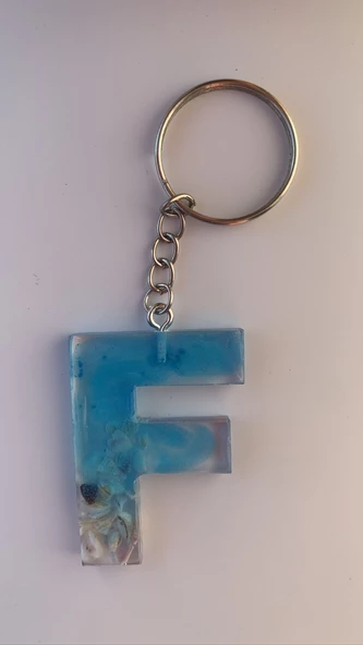 Deniz Mavisi Renk Deniz Kabuklu Gümüş Aksesuarlı F Harfi Şekil Epoksi Anahtarlık El Yapımı Hediyelik - 4