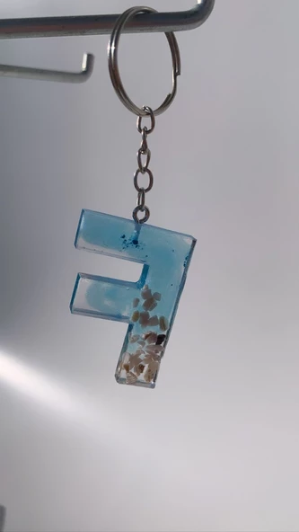 Deniz Mavisi Renk Deniz Kabuklu Gümüş Aksesuarlı F Harfi Şekil Epoksi Anahtarlık El Yapımı Hediyelik - 7