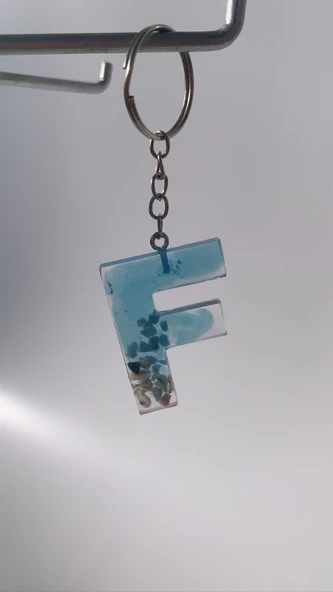 Deniz Mavisi Renk Deniz Kabuklu Gümüş Aksesuarlı F Harfi Şekil Epoksi Anahtarlık El Yapımı Hediyelik - 3