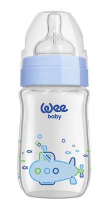 Wee Baby 140 Klasik Plus Geniş Ağızlı Isıya Dayanıklı Cam Biberon 180 ml Mavi