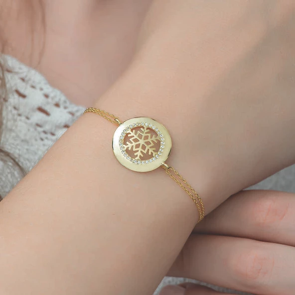 925 Ayar Gümüş Gold Kar Tanesi Bileklik - 5