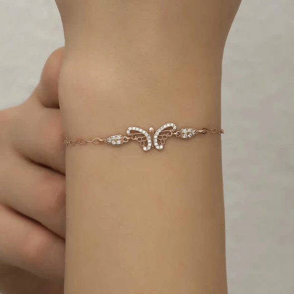 ​925 Ayar Gümüş Rose Kelebek Kadın Bileklik - 4