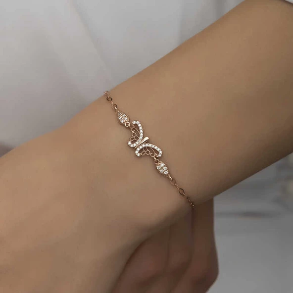 ​925 Ayar Gümüş Rose Kelebek Kadın Bileklik - 2