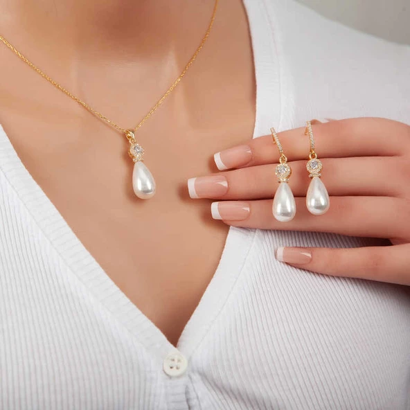 925 Ayar Gümüş Gold Damla İnci Kadın Set