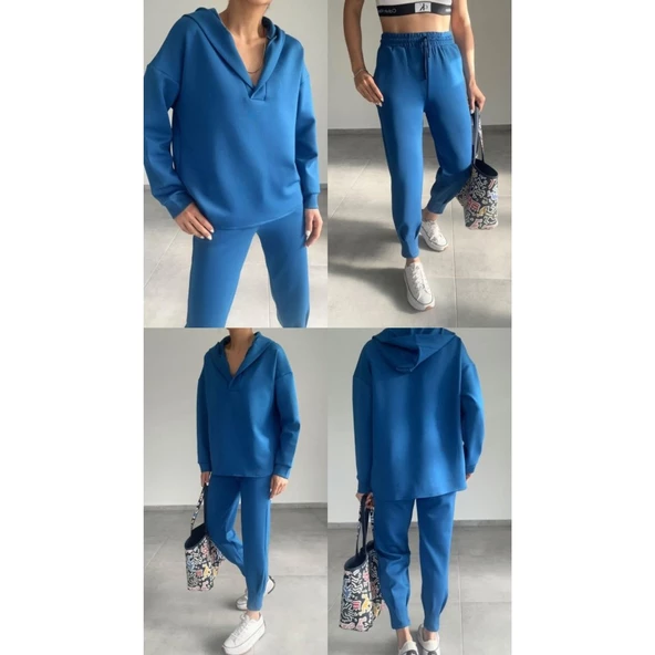 Lucky Life Kadın Uzun Kol V Yaka Kapüşon Detay Sweat Ve Yüksel Bel Eşofman Ikili Takım
